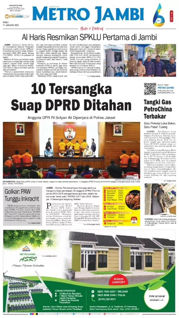 Halaman muka koran Metro Jambi edisi Rabu 11 Januari 2023