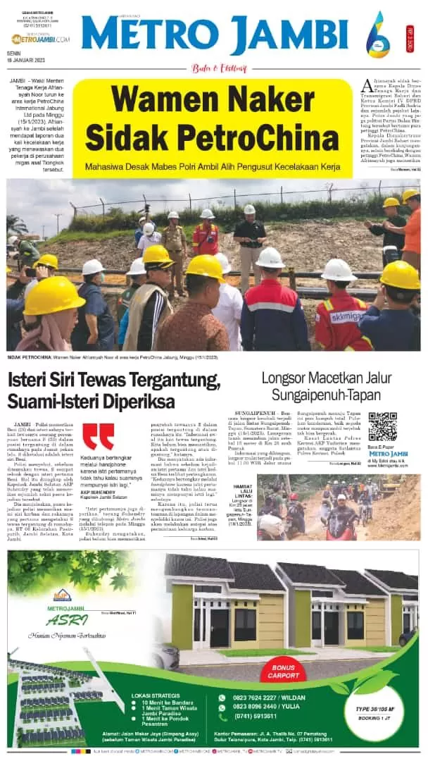 Halaman muka koran Metro Jambi edisi Senin 16 Januari 2023