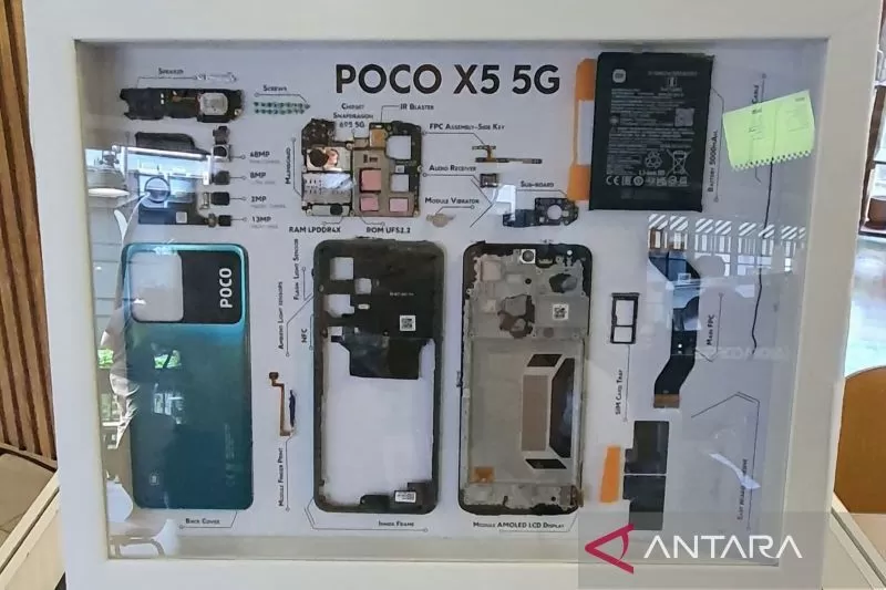 Tampilan umum dari ponsel POCO X5 5G yang telah dibongkar dan dipajang dalam satu bingkai dalam acara \