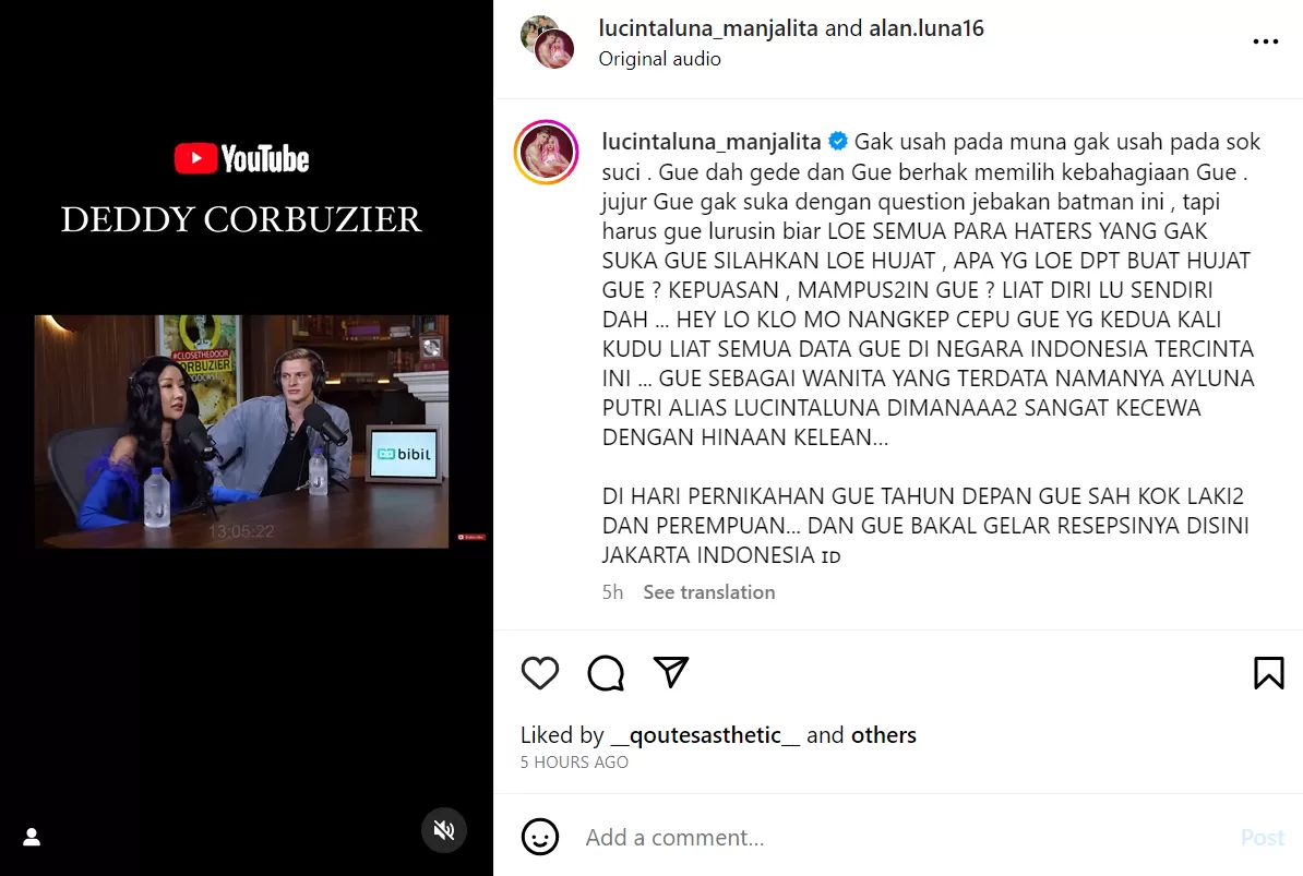 Lucinta Luna membuat klarifikasi di Instagram. (lucintaluna_manjalita)