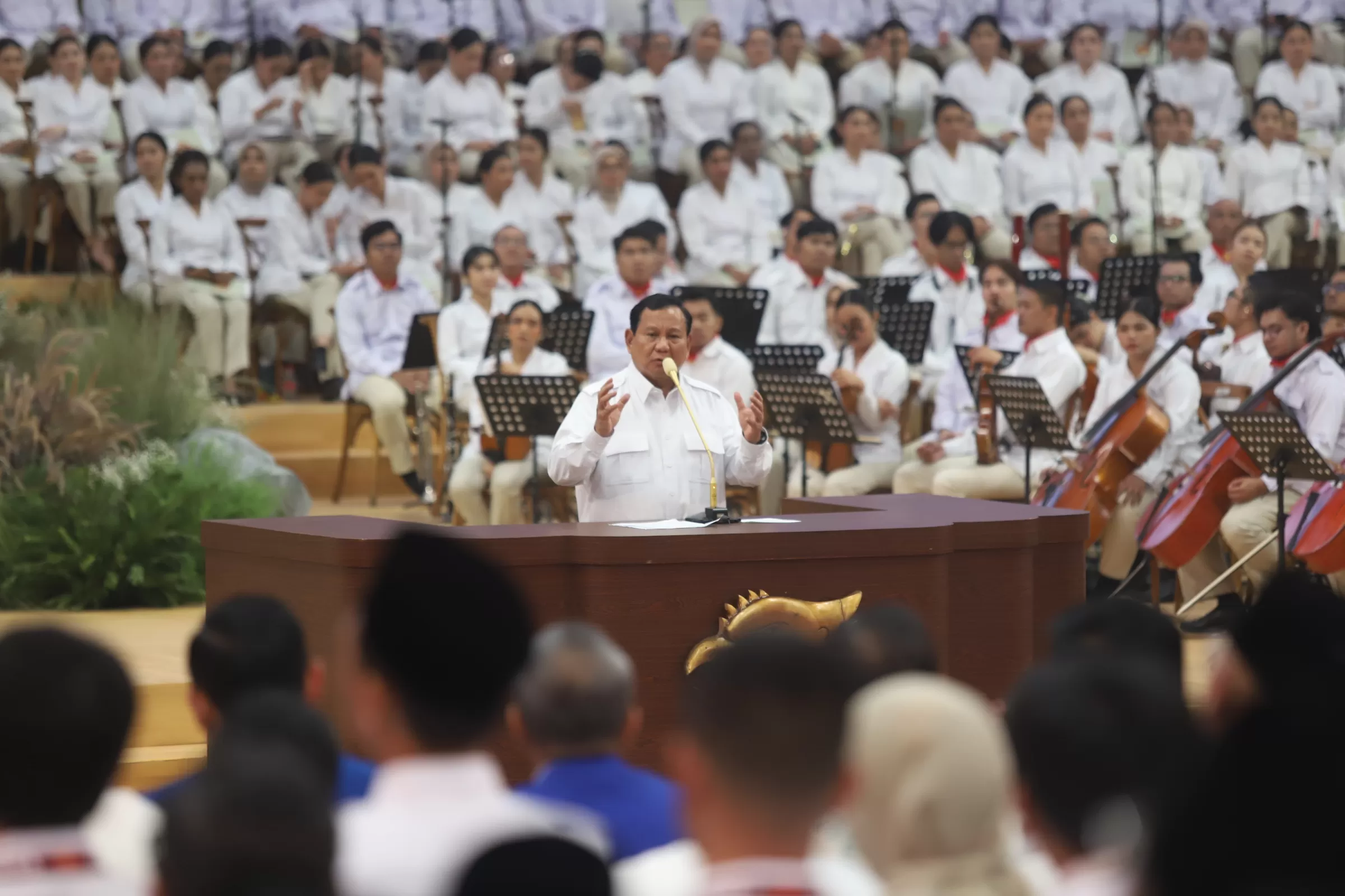 Ketua Umum  Partai Gerindra Prabowo Subianto berpidato saat penutupan Rapimnas di Jakarta, Sabtu (31/8/2024). (Dery Ridwansah/ JawaPos.com)