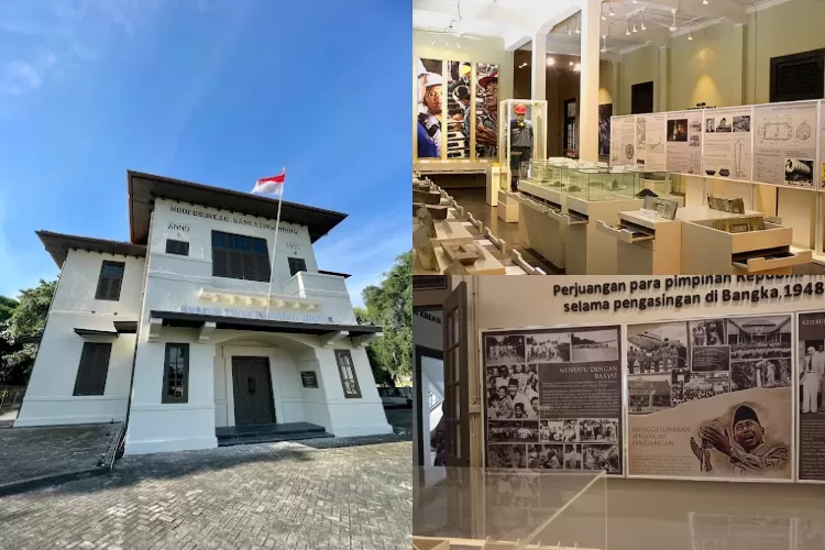 Bangunan Museum Timah di Muntok dulunya kantor Banka tin Winning dan pusat pemerintah residen Belanda di Bangka.  (Kolase: Google/Lutfi Adi Chandra, Servicecell Network, Abel Kurniawan)