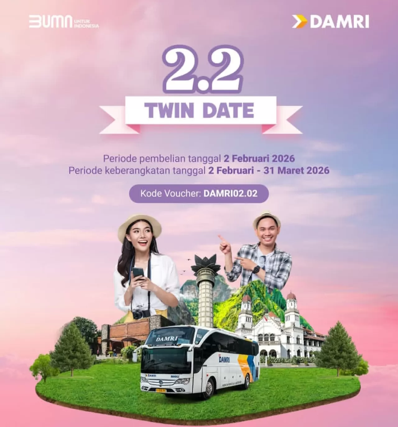 DAMRI kembali menghadirkan promo tanggal cantik Twindate 2.2, hadirkan diskon 20% khusus pembelian tiket pada 2 Februari 2026. (Instagram @damriindonesia)