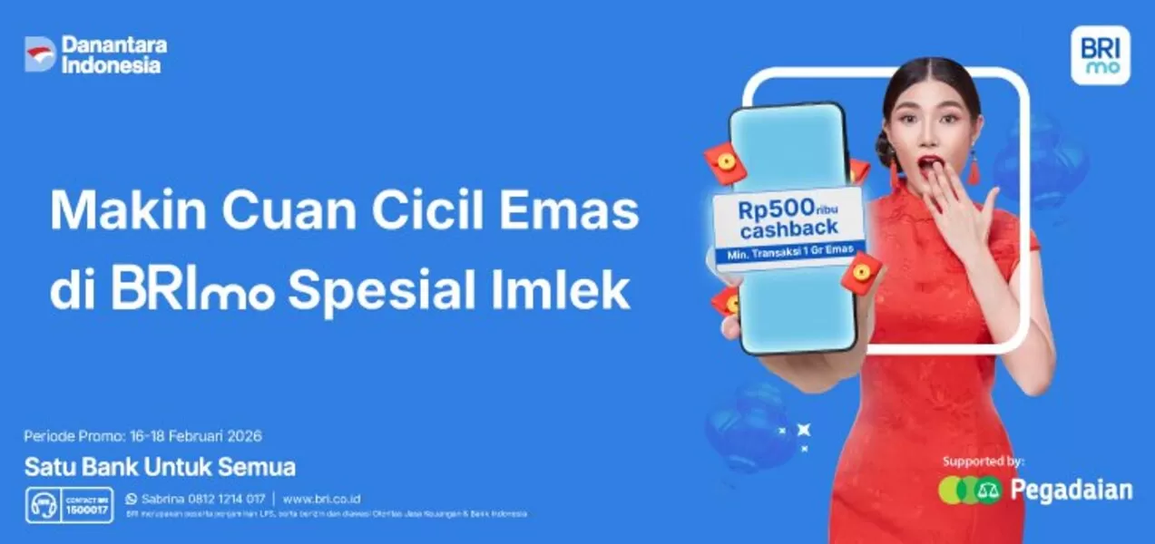 Sambut Imlek 2026, BRI menghadirkan promo menarik berupa cashback Rp500 ribu bagi nasabah yang Cicil Emas di BRImo. (bri.co.id)