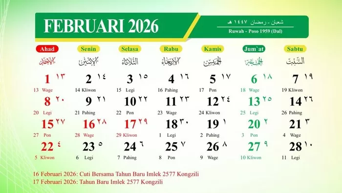 Jadwal libur Februari 2026 lengkap dengan tanggal merah Imlek, cuti bersama, long weekend empat hari, serta daftar hari besar nasional dan internasional. (Dok. Kemenag)