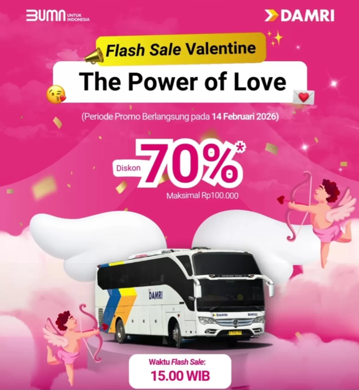 Spesial di Hari Valentine pada 14 Februari 2026, DAMRI menggelar promo flash sale berupa diskon tiket sebesar 70 persen. (Instagram_@damriindonesia)