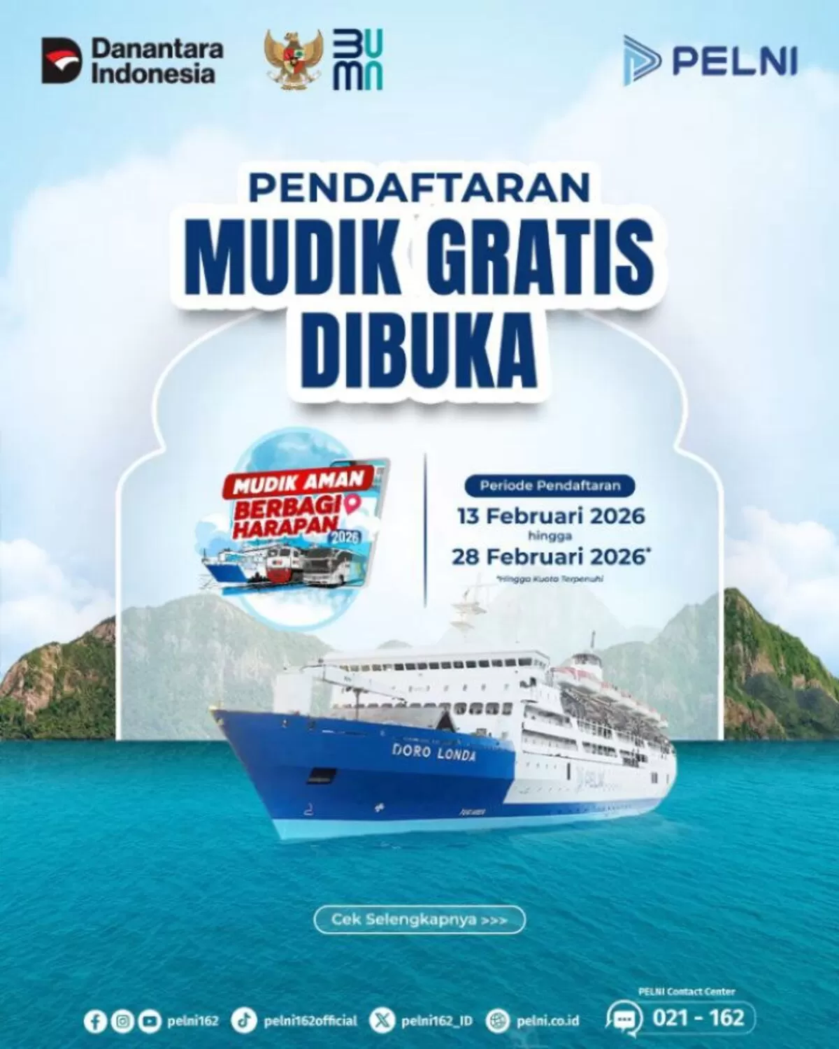 PELNI telah membuka pendaftaran peserta mudik gratis untuk periode Lebaran 2026 ini, simak syarat dan ketentuan serta link resminya. (Instagram/@pelni162)