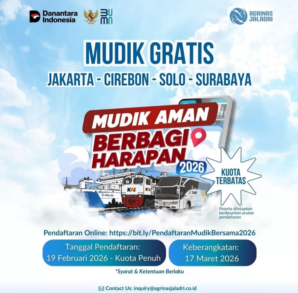 Agrinas Jaladri telah membuka pendaftaran program mudik gratis Mudik Aman, Berbagi Harapan 2026, simak infonya. (Instagram/@agrinasjaladri)