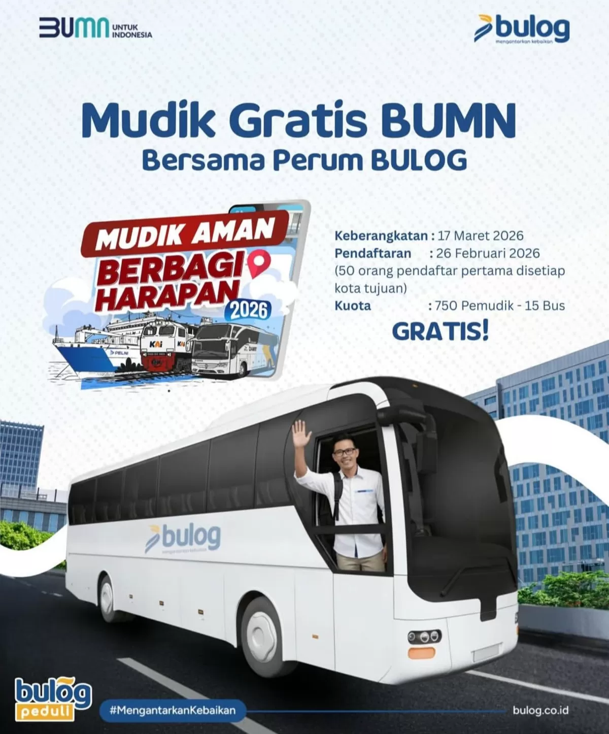 BULOG membuka pendaftaran program mudik gratis hari ini, Kamis, 26 Februari 2026 dengan kuota 750 peserta. (Instagram/@perum.bulog)