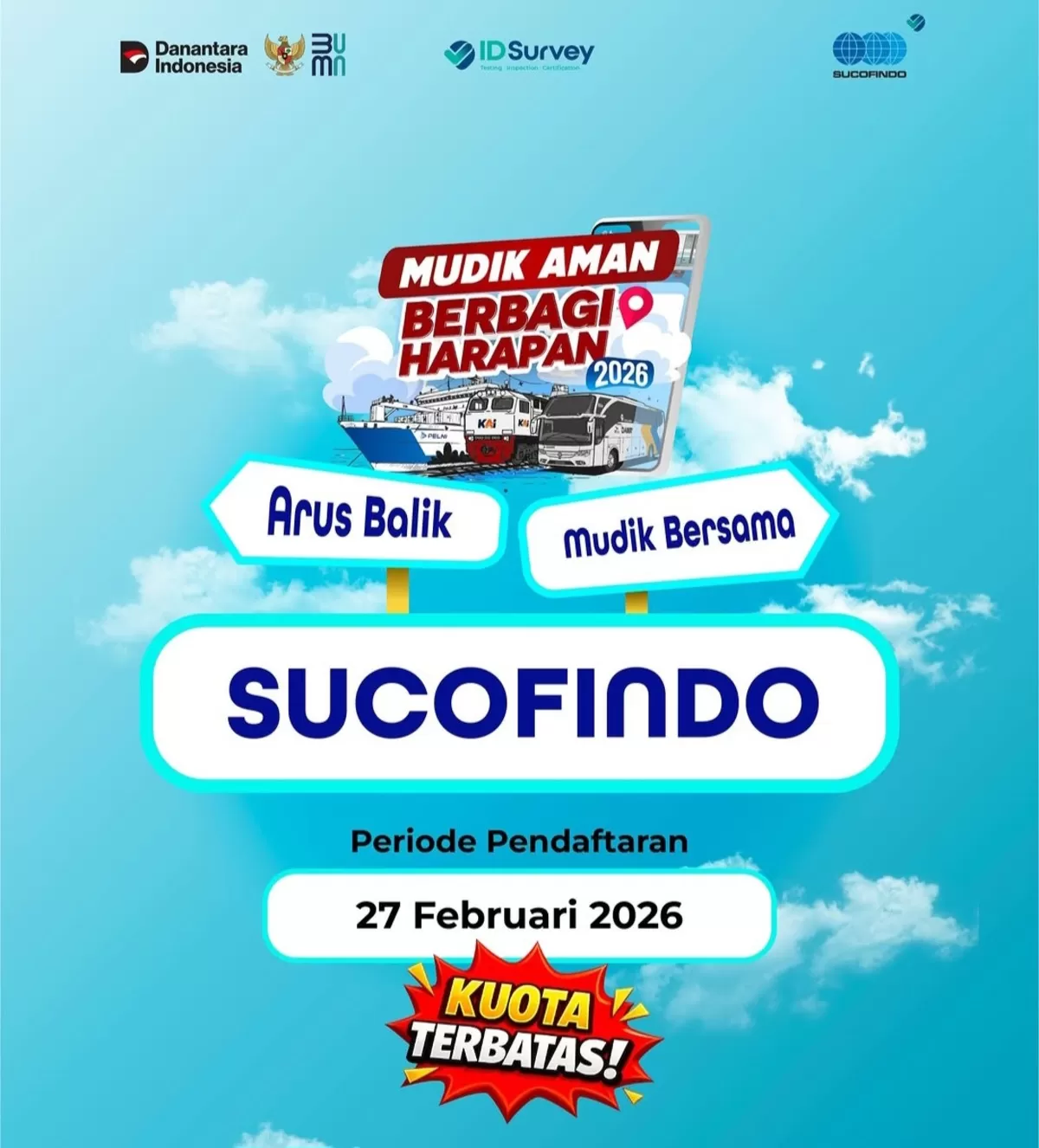SUCOFINDO membuka pendaftaran mudik gratis untuk periode arus balik pada 28 Maret 2026, simak info lengkapnya. (Instagram/@sucofindoofficial)