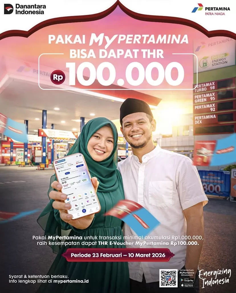Promo Ramadan MyPertamina: belanja produk Pertamina minimal Rp1 juta, berkesempatan raih THR E-Voucher Rp100 ribu untuk 1.500 konsumen pertama.