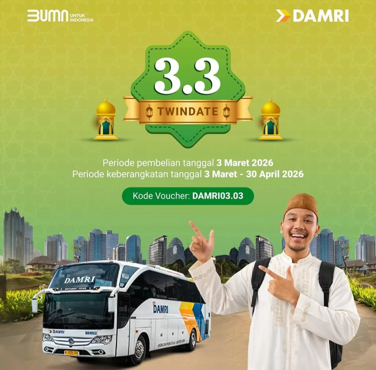 DAMRI menghadirkan promo Twindate 3.3 pada 3 Maret 2026, berikan diskon 20% maksimal Rp20.000 untuk tiket AKAP. (Instagram/@damriindonesia)