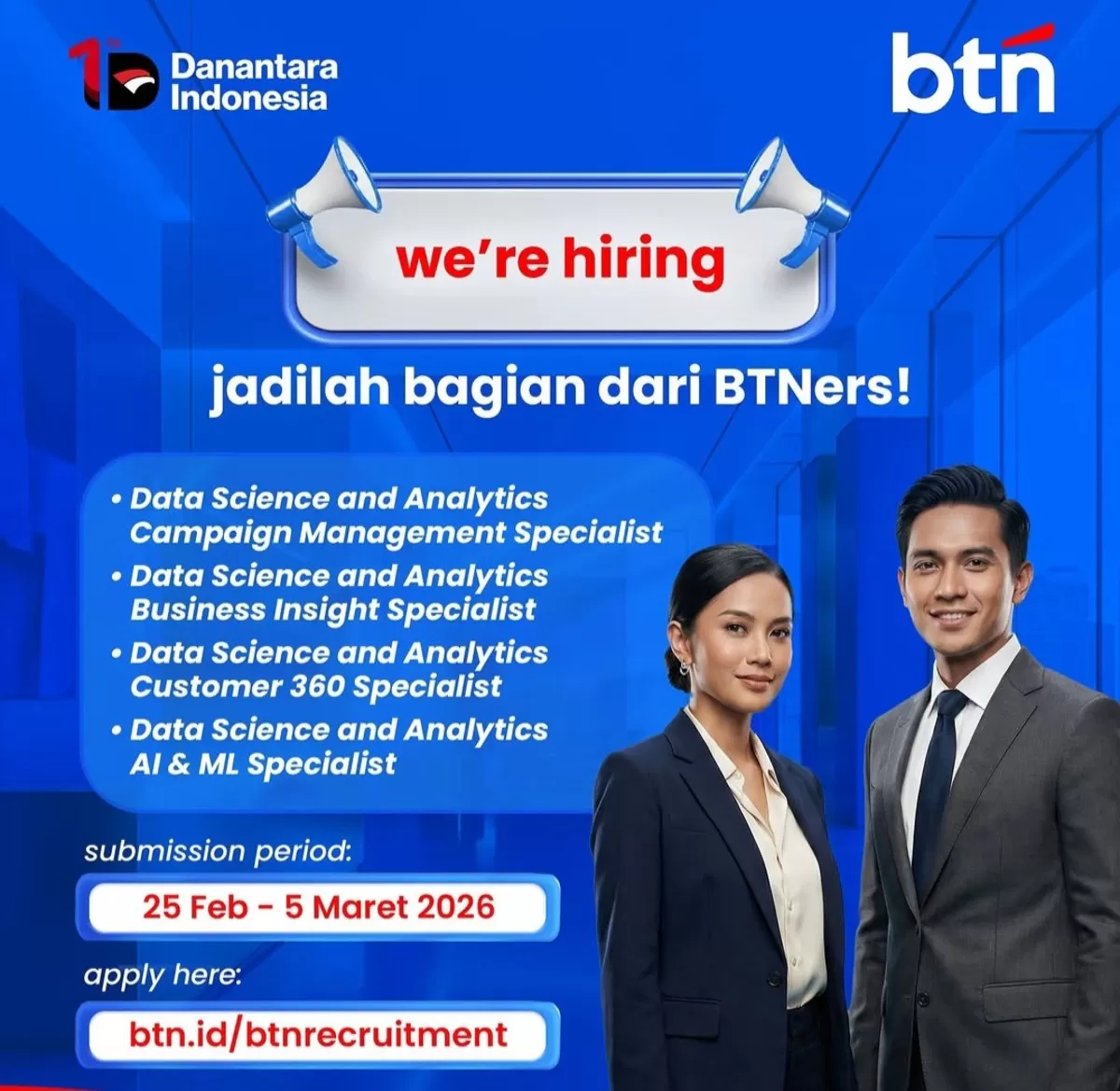 BTN sedang membuka lowongan kerja di bidang Data Science and Analytics melalui jalur Experienced Hire, simak infonya. (Instagram/@homeofbtners)