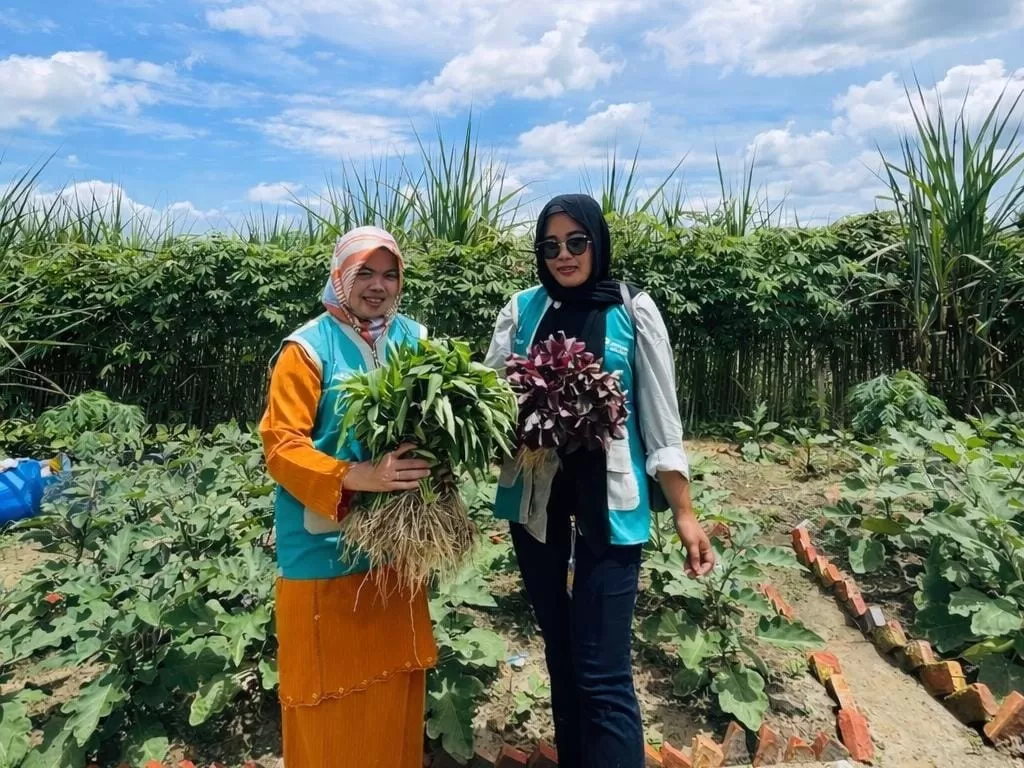 Murni (36), Ketua Kelompok Dasawisma Bumi Hijau RW 29 (kiri), menunjukkan hasil panen di kebun ketahanan pangan dan TOGA (Jahe Merah, Jahe Putih, Kunyit, dan Terong) yang dikelola. (Dok. PHR)