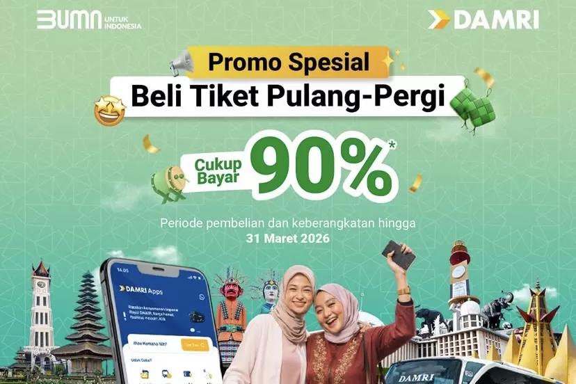 Promo DAMRI berlaku hingga 31 Maret 2026 untuk pembelian tiket pulang pergi melalui aplikasi resmi, DAMRI Apps.