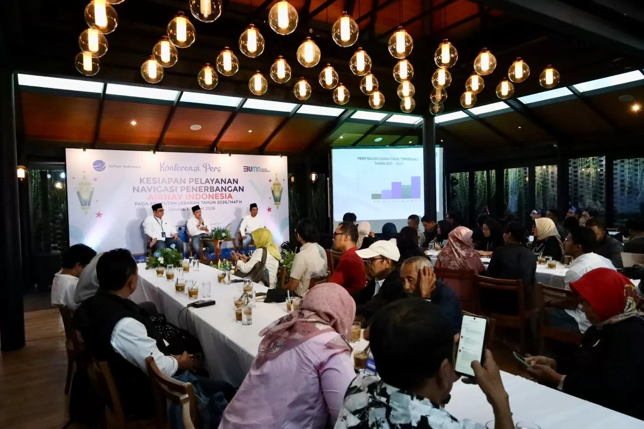 Konferensi Pers Kesiapan Pelayanan Navigasi Penerbangan AirNav Indonesia pada Angkutan Lebaran tahun 2026/1447 H, di Jakarta, Senin, 16 Maret 2026. (DOK. AIRNAV Indonesia)