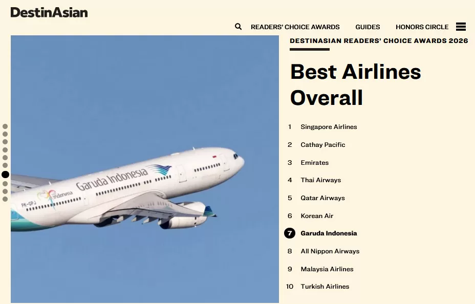 Garuda Indonesia menempati peringkat ke-7 Top 10 Best Airlines in Asia DestinAsian Readers&rsquo; Choice Awards 2026. (Dok. Garuda Indonesia)