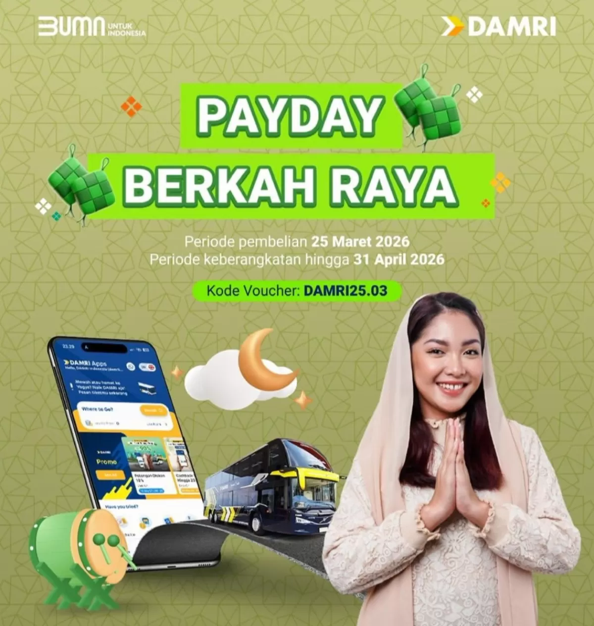 DAMRI menghadirkan promo spesial bertajuk PayDay Berkah Raya, beri diskon 20 persen khusus pembelian tanggal 25 Maret 2026. (Instagram/@damriindonesia)