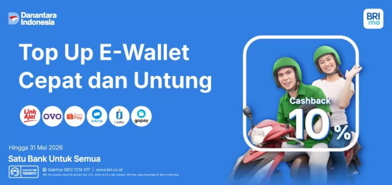 Top up e-wallet di BRImo kini lebih hemat, ada promo cashback 10 persen yang berlaku hingga 31 Mei 2026 mendatang. (bri.co.id)
