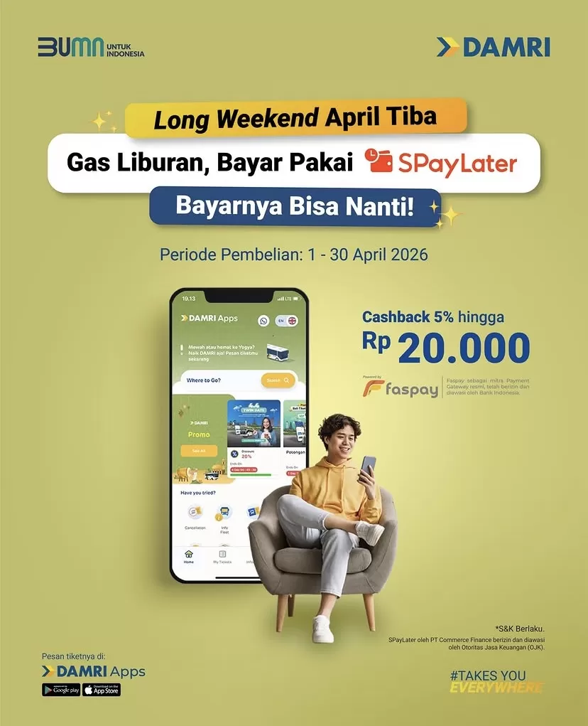 Perjalanan tetap lancar di akhir bulan berkat pembayaran tiket DAMRI via SPayLater, dengan promo cashback 5% hingga Rp20.000 untuk pengguna baru hingga 30 April 2026.