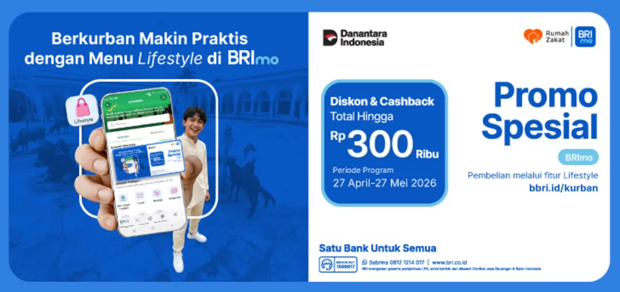 BRI hadirkan fitur kurban digital di BRImo, praktis dan berhadiah cashback Rp150 ribu lewat kolaborasi dengan Rumah Zakat. (bri.co.id)