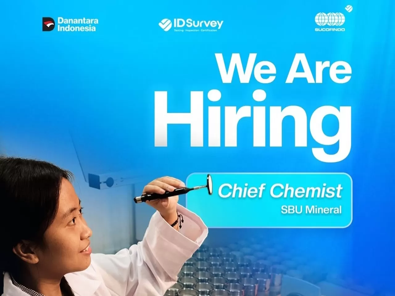 PT SUCOFINDO membuka lowongan Chief Chemist SBU Mineral untuk penempatan Konawe. Pendaftaran dibuka hingga 12 Juni 2026. (Instagram/@sucofindoofficial)