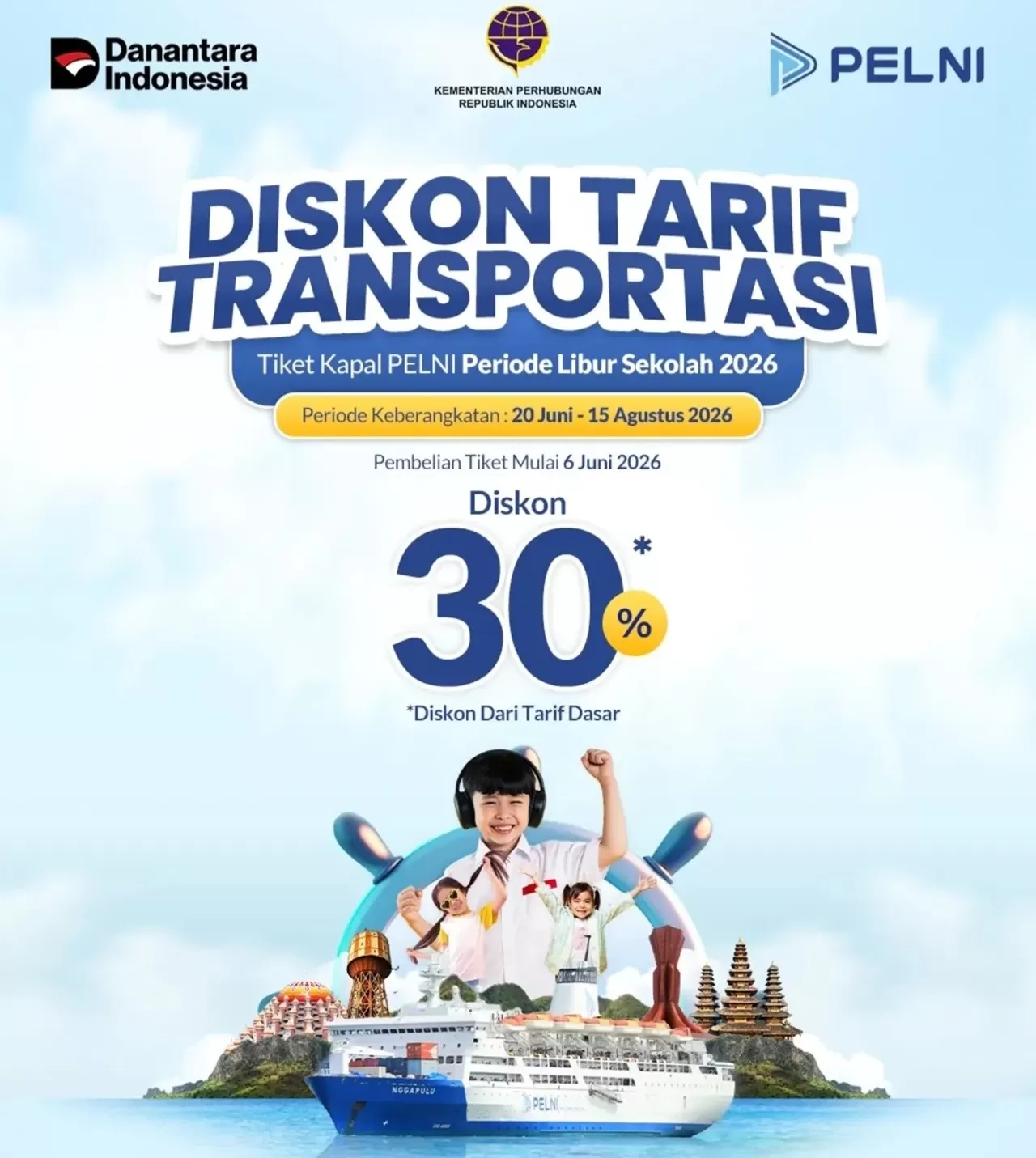 PELNI hadirkan promo spesial sambut momen libur sekolah, diskon tiket 30% untuk kelas ekonomi. (Instagram/@pelni162)