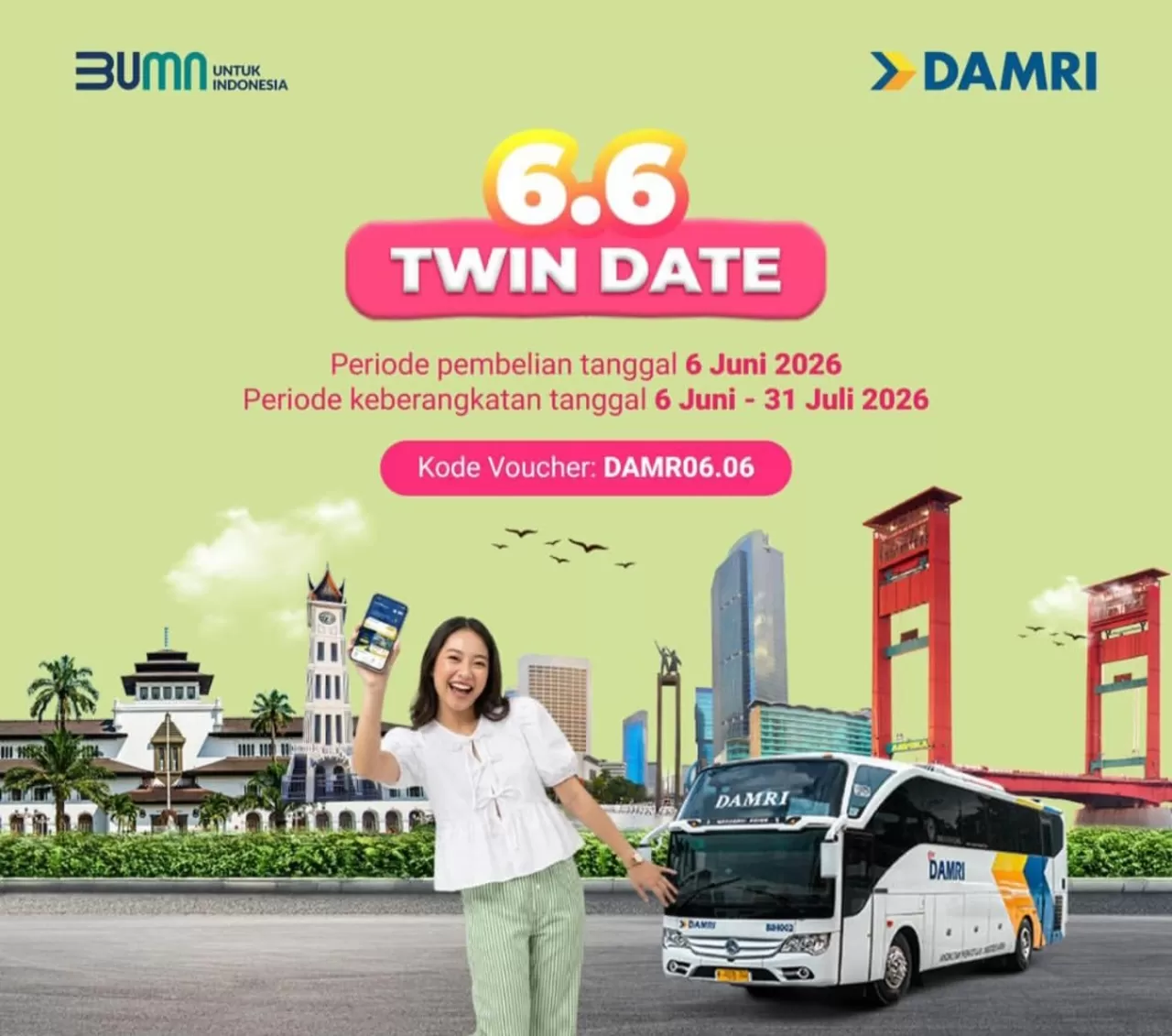 Sambut tanggal cantik 6.6, DAMRI hadirkan promo diskon tiket AKAP 20 persen hingga Rp20.000 khusus di DAMRI Apps. (Instagram/@damriindonesia)