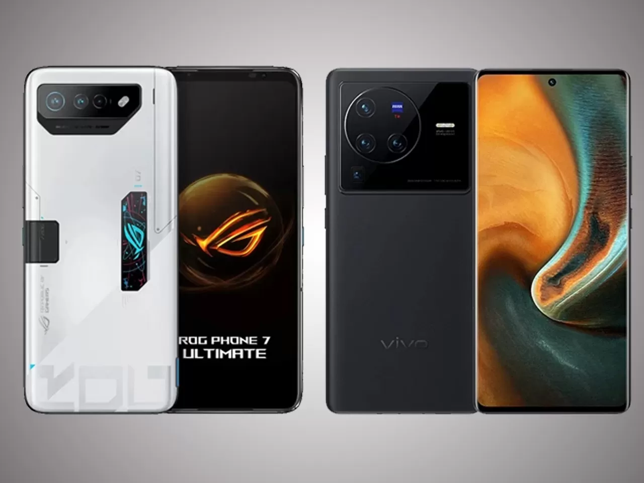  The image shows two gaming phones, the ROG Phone 7 Ultimate and the Vivo iQOO 10 Pro, which are both equipped with the Snapdragon 8 Gen 1 processor, large RAM, a dedicated GPU, and a high-quality screen.