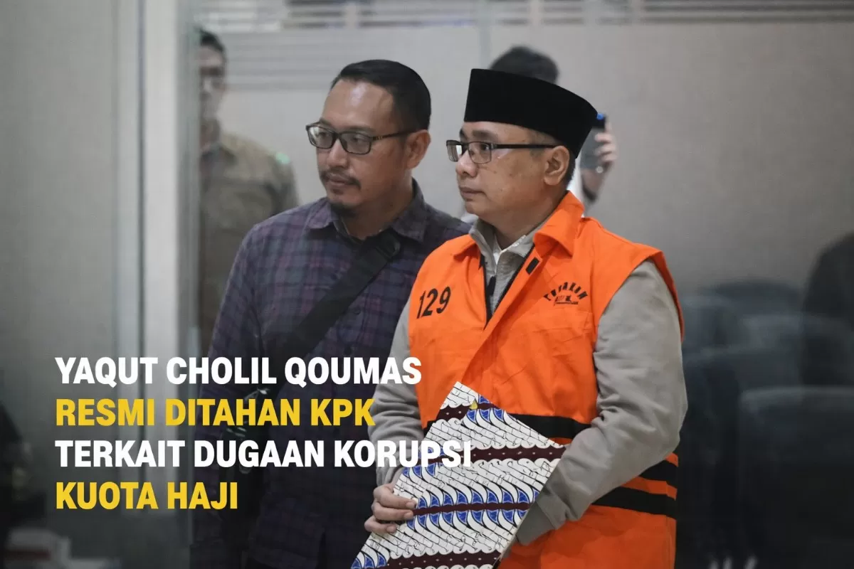 Yaqut Cholil Qoumas mengenakan rompi tahanan KPK usai diperiksa terkait dugaan korupsi kuota haji. Ia membantah menerima uang dari kasus tersebut. (Sumber Foto: Humas KPK)