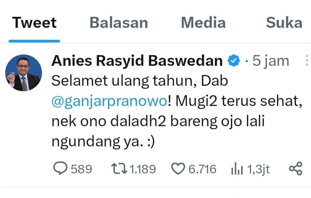 Dua bakal calon presiden (bacapres) 2024, Ganjar Pranowo dan Anies Baswedan tampak akrab, saat kedunya bertukar obrolan menggunakan bahasa walikan Jogja, melalui akun media sosial (medso) X atau Twitt (istimewa)