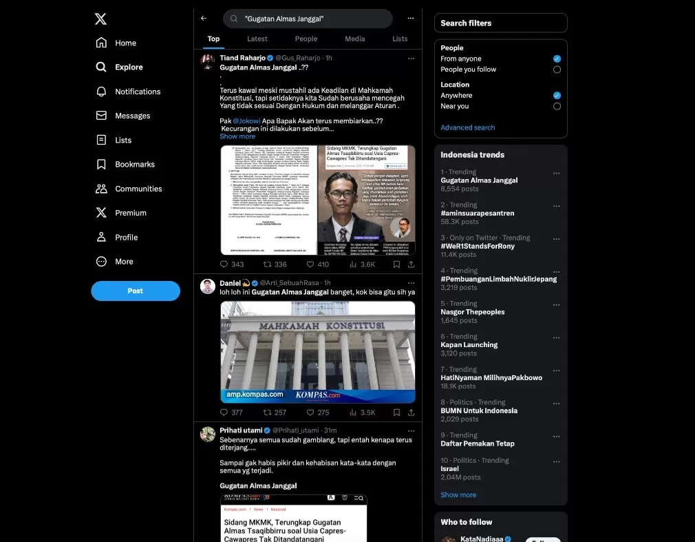  Tagar #Gugatan Almas Janggal mendadak trending nomor satu di twitter X, Kamis (11/2/2023) siang, setelah ramai pemberitaan terkait temuan dokumen yang tidak ditandatangani pemohon ataupun kuasa hukum (istimewa)