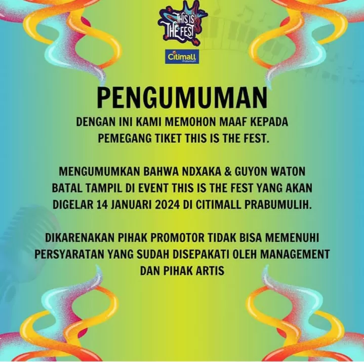 Postingan pembatalan konser NDX AKA di instagram milik mereka  (Instagram @ndxakatv)