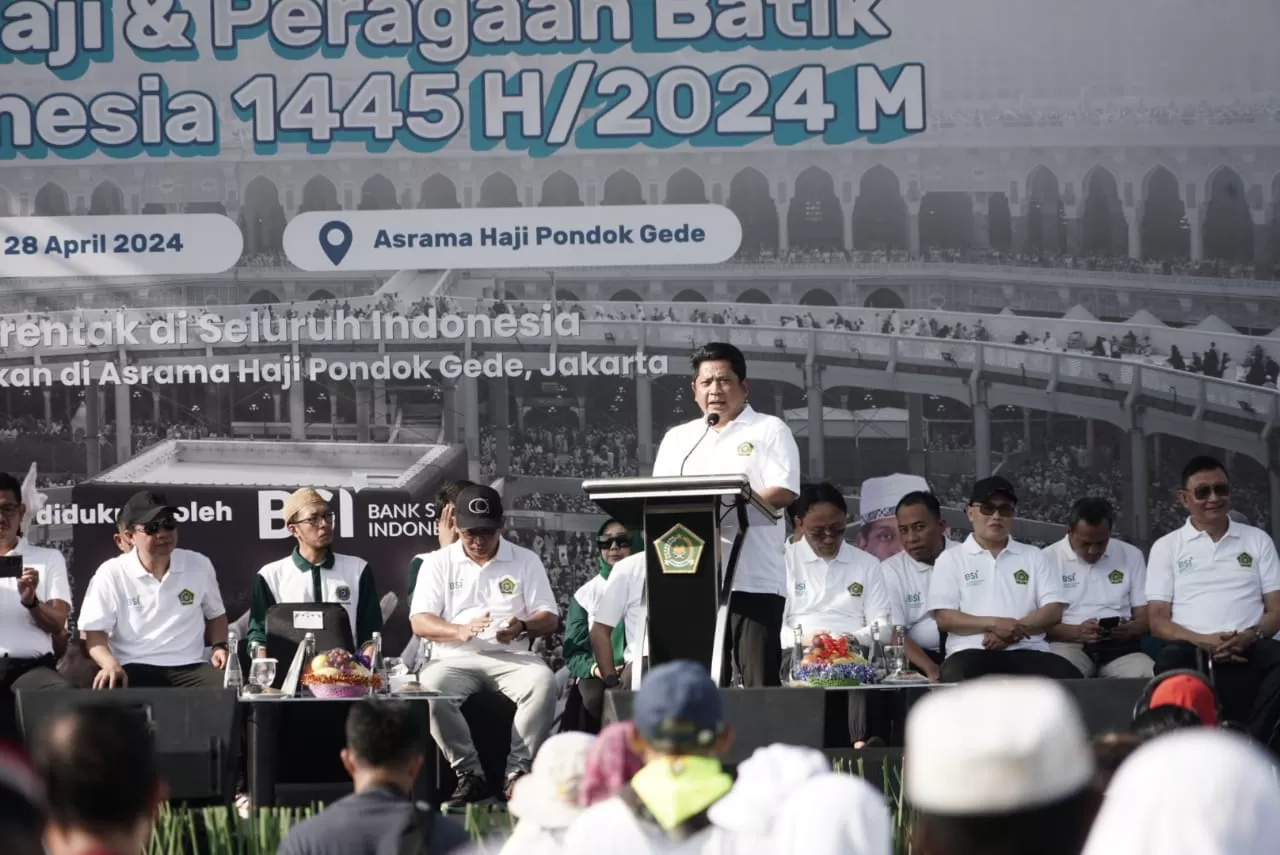 Sekjen Kemenag M Ali Ramdhani memberi sambutan peluncuran Senam Jemaah Haji Indonesia (Foto-Kemenag)