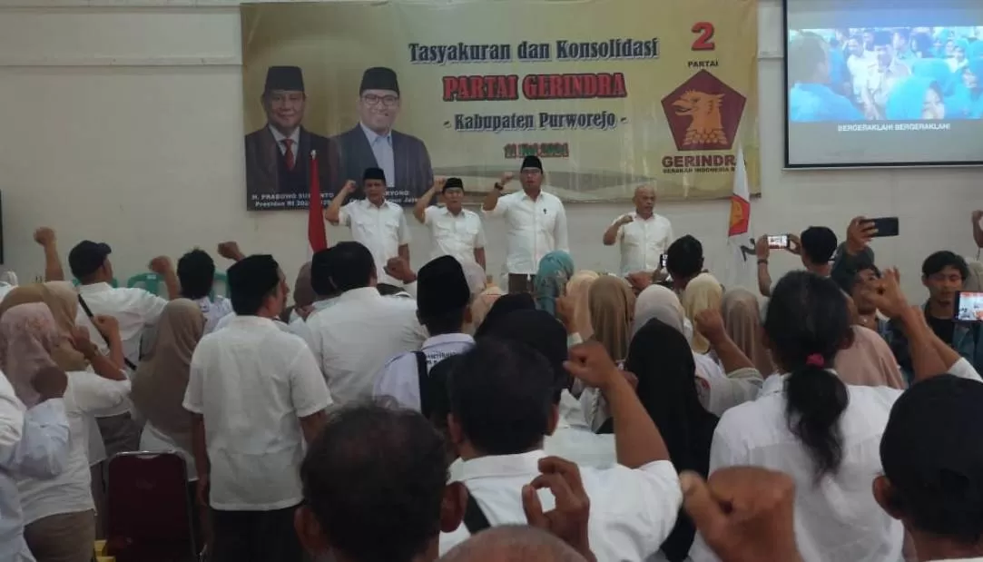 Tasyakuran dan Konsolidasi Partai Gerindra Kemenangan Prabowo-Gibran dalam Pilpres 2024-2029 di Graha Siola RM Dargo Pangenrejo, Purworejo.&nbsp;KR-Hendri Utomo
