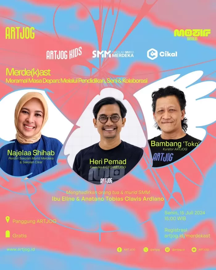 Penganugerahan ARTJOG Kids Award bersama: Najelaa Shihab (Pendiri Sekolah Murid Merdeka), Heri Pemad (Founder & CEO ARTJOG, Bambang 'Toko' Witjaksono (Kurator ARTJOG)  (Ist)
