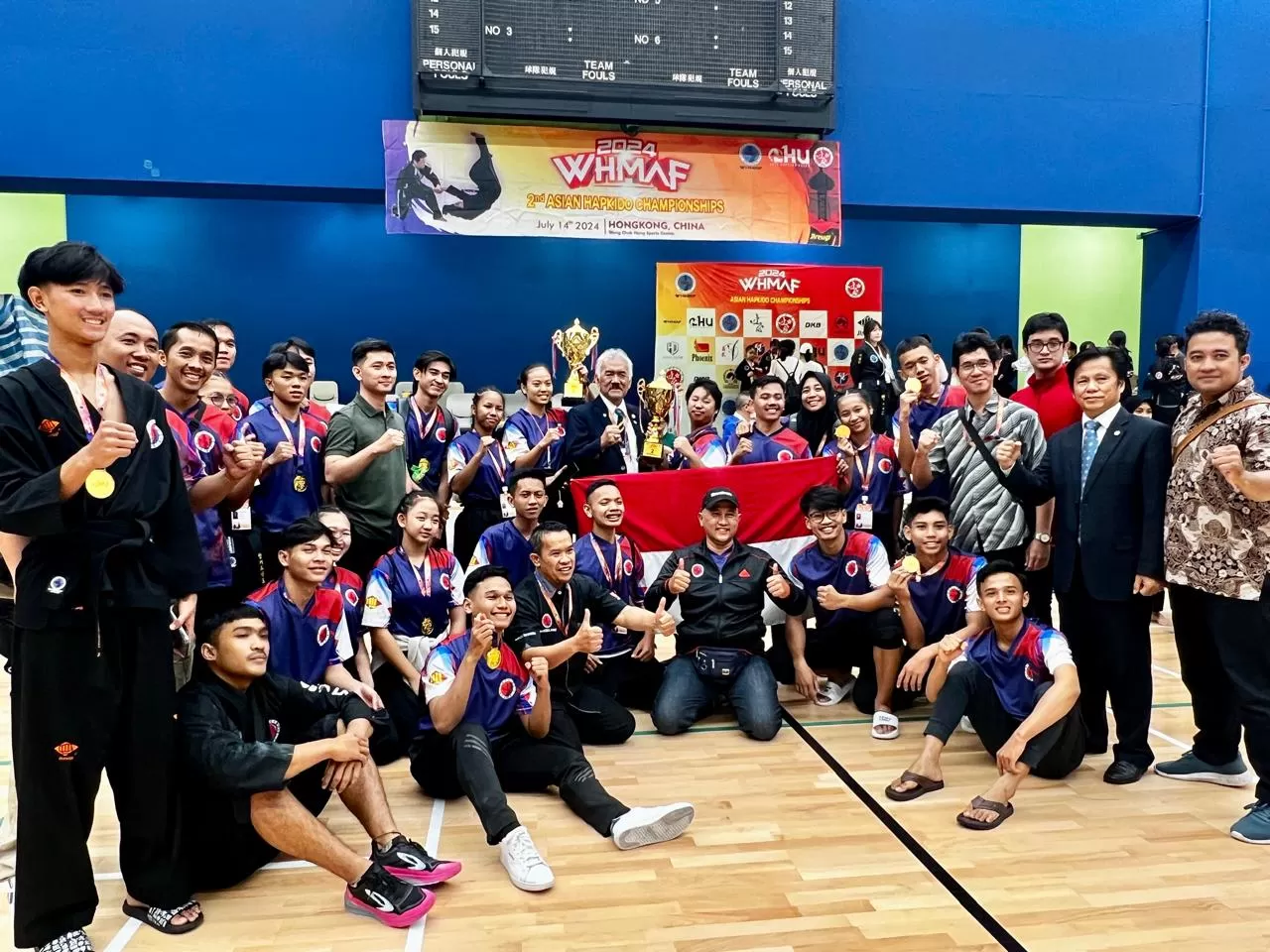  Kontingen Hapkido Indonesia saat tampil di ajang 2nd World Hapkido Martial Arts Federation (WHMAF) Asian Hapkido Championships 2024 di Wong Chuck Hang Sport Center, Hong Kong, 12-13 Juli lalu.&nbsp;Foto :