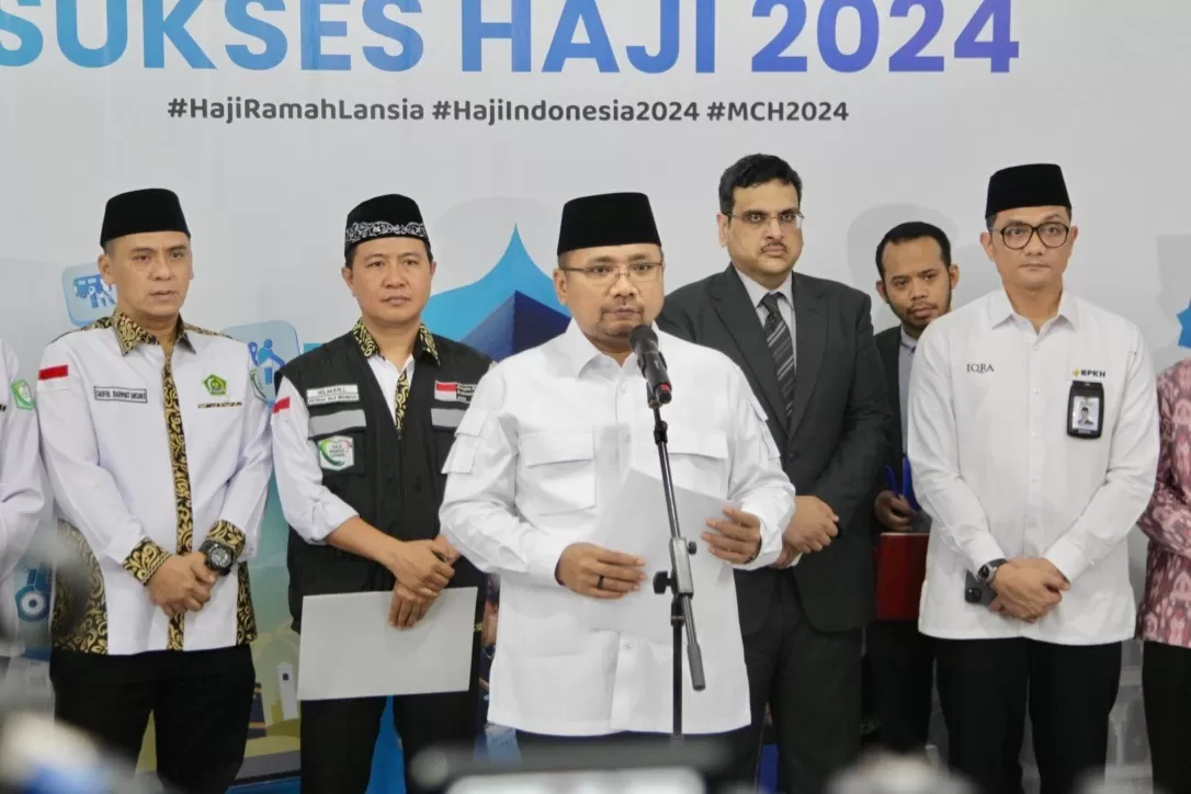 Menteri Agama Yaqut Cholil Qoumas saat memberikan closing statment tentang sukses haji 2024 (Foto: Media Center Haji)