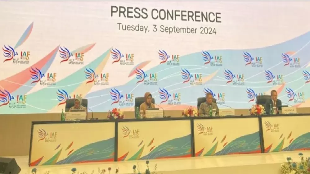  Konferensi pers High-Level Forum on Multi-Stakeholder Partnerships (HLF MSP) 2024 di Badung, Bali, Selasa (3/9/2024).  ((ANTARA/Imamatul Silfia))