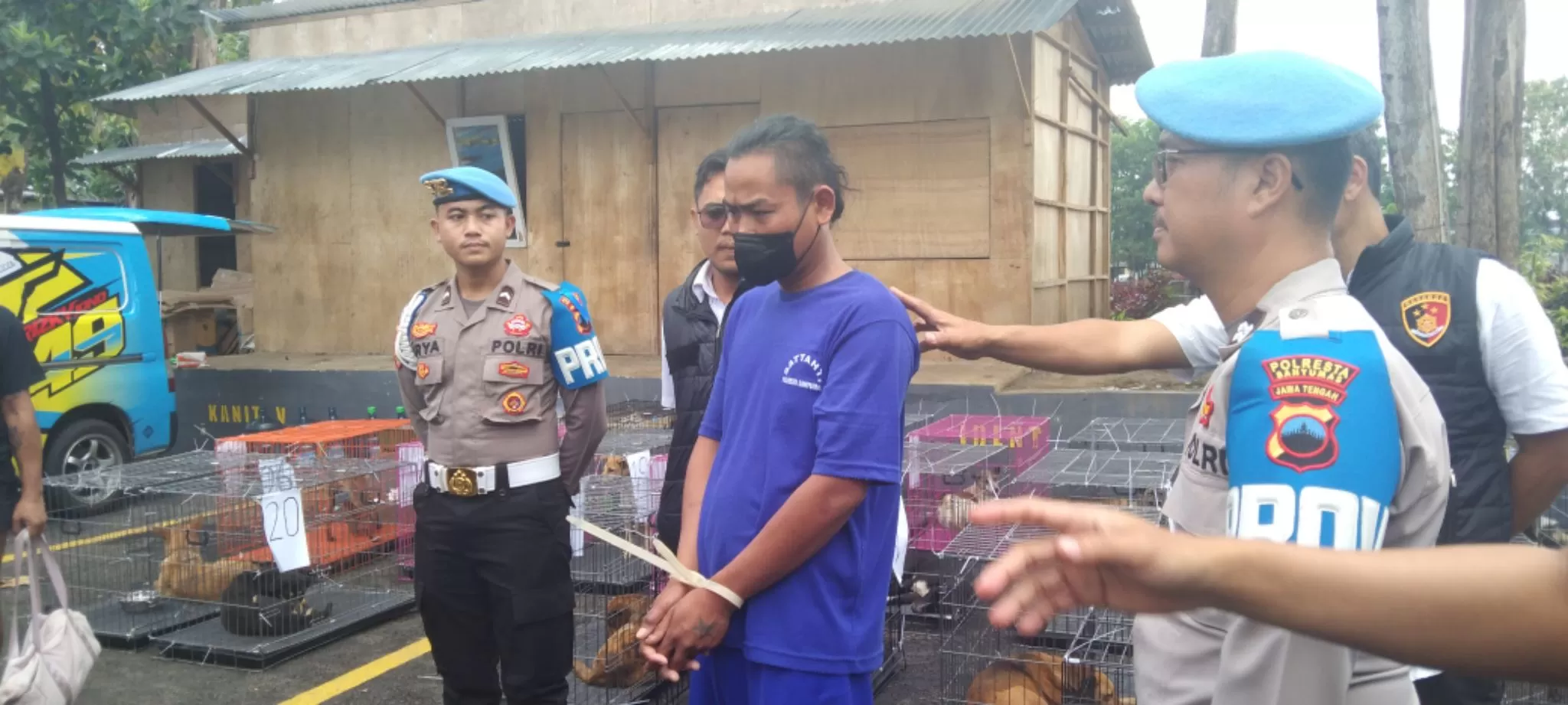 Tersangka S dengan latar belakang puluhan anjing yang berhasil diselamatkan oleh kepolisian dan komunitas pecinta hewan. (Foto:Driyanto)