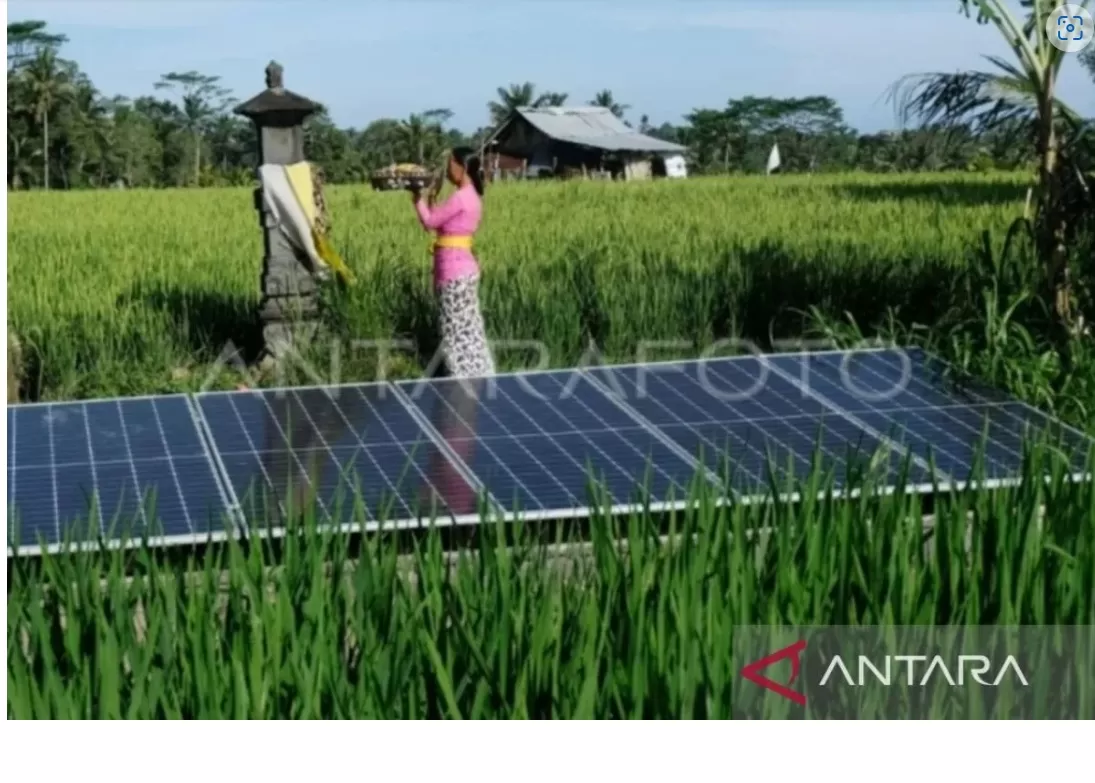   Arsip foto - Warga melaksanakan persembahyangan di dekat panel surya yang terpasang di area persawahan desa berbasis energi baru dan terbarukan (EBT), Desa Keliki, Gianyar, Bali, Jumat (16/9/2022).  ((ANTARA FOTO/Nyoman Hendra Wibowo/rwa.))
