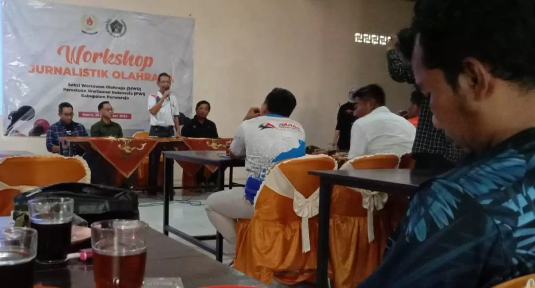 Workshop Pelatihan Jurnalistik Olahraga oleh SIWO PWI dan KONI Kabupaten Purworejo di Aula Pertemuan Satria Bogowonto, Purworejo. (Hendri Utomo)