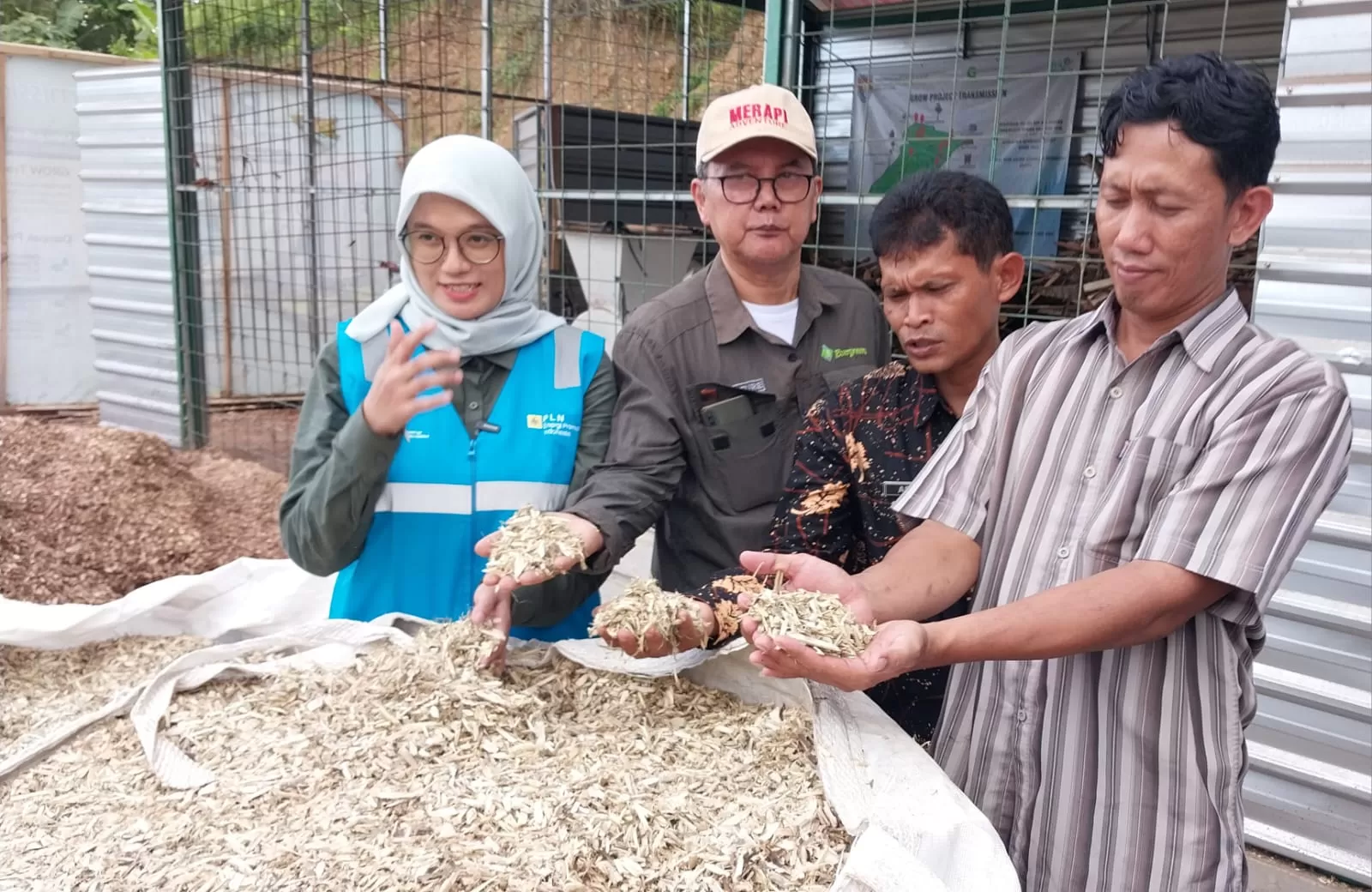 Kepala Desa Keleng Kecamatan Kesugihan Cilacap, Arsidi dan Tim PLN EPI menunjukan serbuk tanaman Kaliandra untuk memasok kembutuhan bahan bakar PLTU PLN Indonesia Power Jateng 2  (Ist)