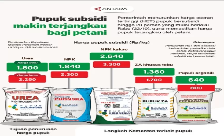  Pemerintah menurunkan harga eceran tertinggi (HET) pupuk bersubsidi hingga 20 persen yang mulai berlaku Rabu (22/10), guna memastikan harga pupuk terjangkau oleh petani.  (ANTARA)