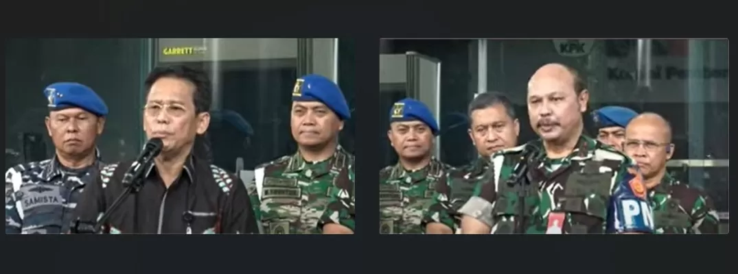 Wakil Ketua KPK, Johanis Tanak dan Danpuspom TNI, Marsekal Muda, Agung Handoko, saat jumpa pers di KPK, Jumat (28/7/2023).  (FOTO: Tangkap layar)