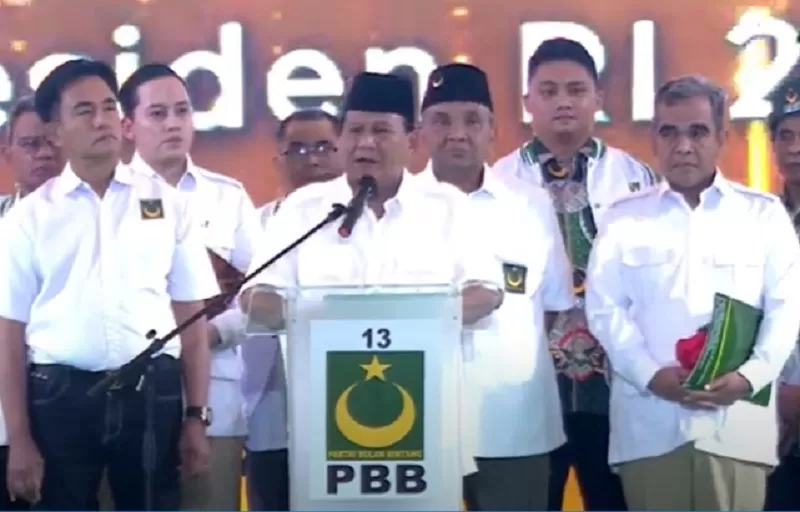 Ketum Gerindra Prabowo Subianto, saat&nbsp;dideklarasikan sebagai capres oleh PBB, di ICE BSD, Tangerang Selatan, Minggu (30/7/2023).    (FOTO: Tangkap Video)