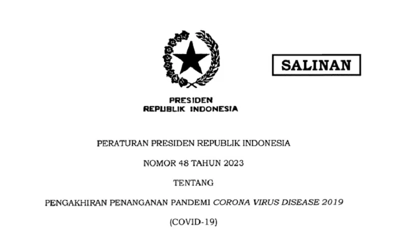 Salinan Perpres Nomor 48 Tahun 2023 tentang berakhirnya penanganan pandemi Covid-19. KCPPEN dibubarkan.    (FOTO: Tangkap Dokumen)