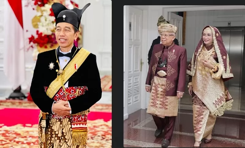 HUT Ke-78 RI, Presiden Jokowi berpakaian Khas Kesunanan Surakarta, Wapres Pakai Adat Baju Koto Gadang.  (FOTO: Kolase)