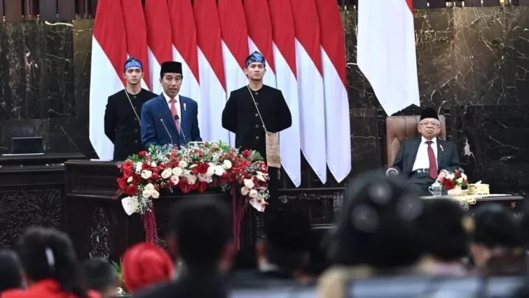 Presiden Jokowi saat menyampaikan alokasi belanja prioritas APBN 2024, di Gedung Nusantara MPR/DPR/DPD RI, Jakarta, Rabu (16/8/2023) (Foto: BPMI Setpres/Kris)