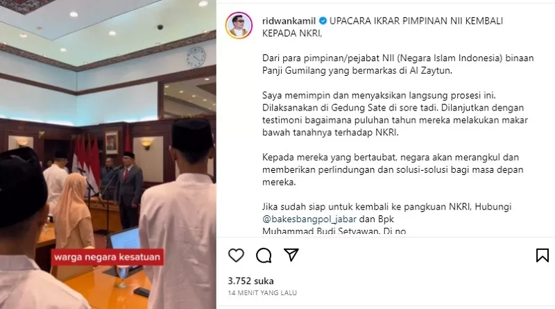 BREAKING NEWS! 31 pejabat NII binaan Panji Gumilang ikrar setia terhadap NKRI.  (FOTO: Tangkap Video Instagram @ridwankamil)